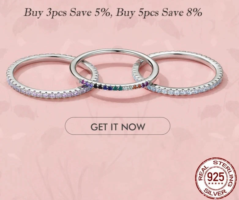 BAMOER 925 Sterling Silver CZ Simulated Diamond Stackable Ring Platinum Plated Eternity Bands for Women