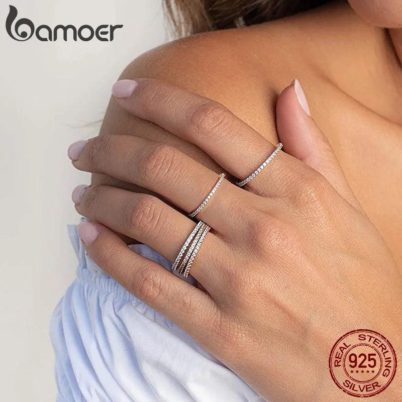 BAMOER 925 Sterling Silver CZ Simulated Diamond Stackable Ring Platinum Plated Eternity Bands for Women